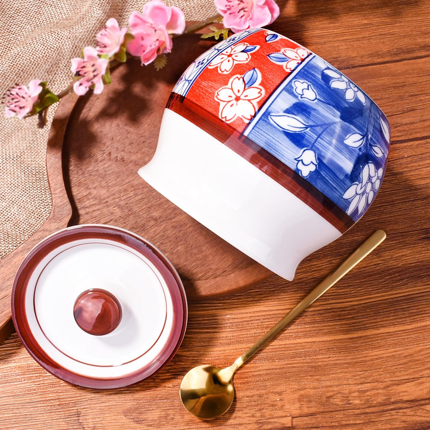 BOSILI Ceramic Spice Jar Set of 2, Airtight Canisters with Lids and Spoons, Floral and Geometric Pattern Containers for Spices, Sugar, Coffee and Tea