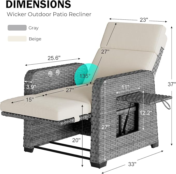 Restland Outdoor Recliner with Independent Adjustable Back & Footrest Wicker Patio Reclining Chair with Flip Table Comfortable Lounge Chair & Thick Cushion for Deck, Porch (Beige)