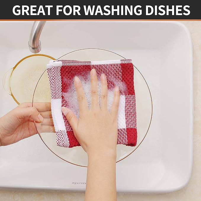 Homaxy 100% Cotton Waffle Weave Check Plaid Dish Cloths, 12 x 12 Inches