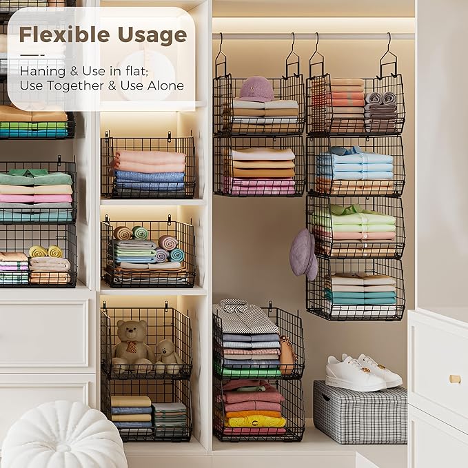4" Extra Deeper Hanging Closet Organizers and Storage, 4 Tier Foldable Wire