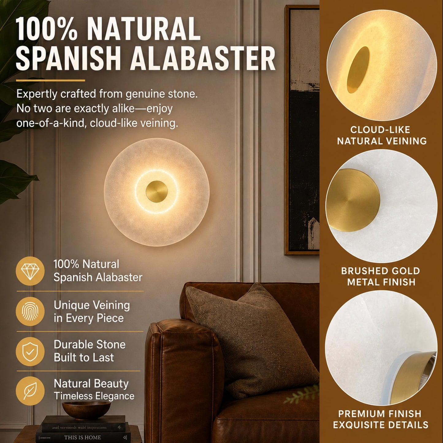 Natural Spanish Alabaster Wall Sconce, Modern Round Marble Wall Light with Unique Veins, Mid-Century Minimalist Stone Wall Lamp for Bedroom, Living Room, Hallway, Alabaster Light Fixture (Brass)