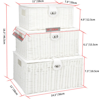 Honygebia White Wicker Storage Baskets - Set of 3 Decorative Nesting Boxes with Lids, Woven Basket with Lock & Handle, Organizer for Beauty Makeup Bathroom Decor