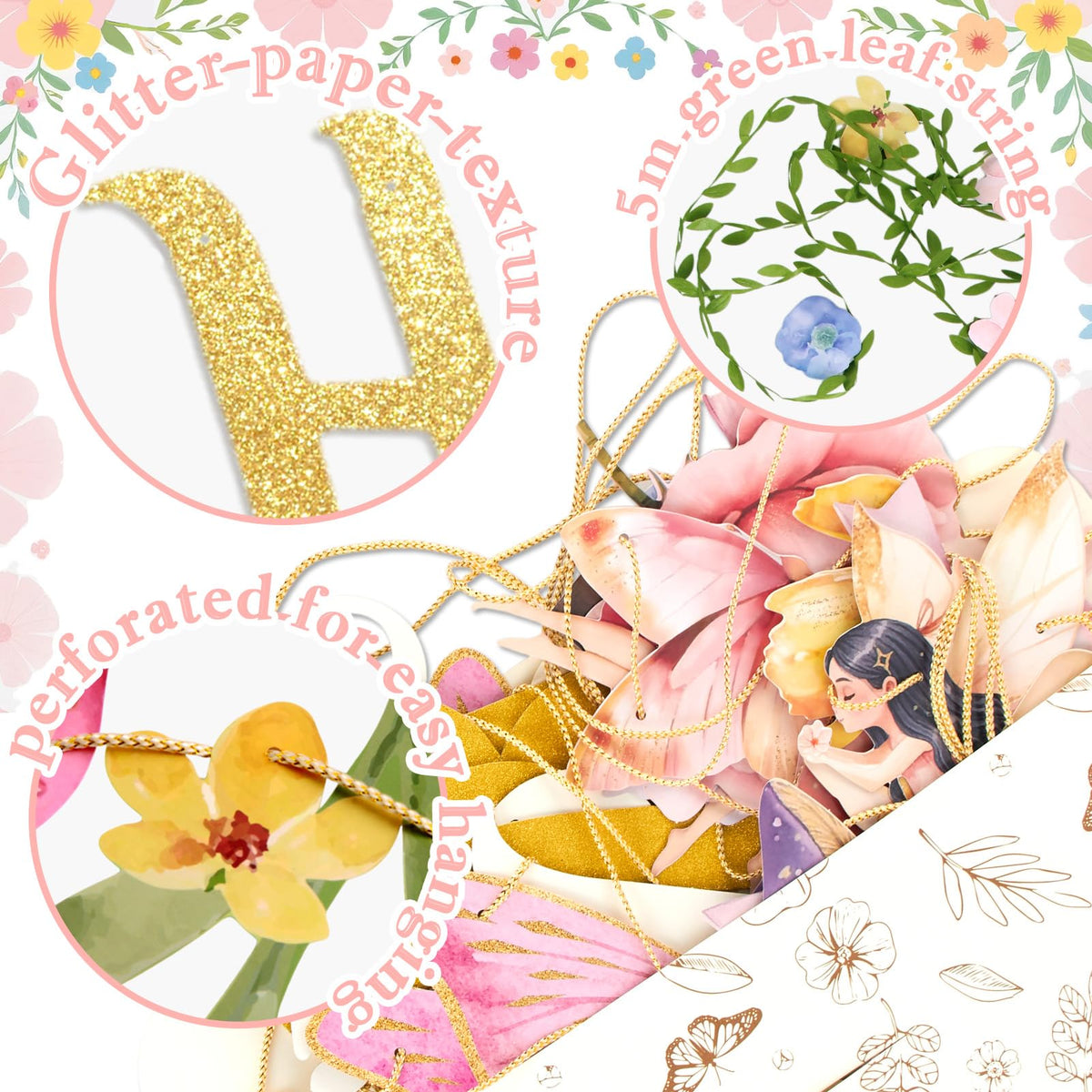 Paper Jazz Fairy Birthday Banner with Butterfly Fairy Party Decorations Mushroom Decor Fabric Vines Paper Garlands Decorations for Birthday,Garden Tea Party,Baby Shower.