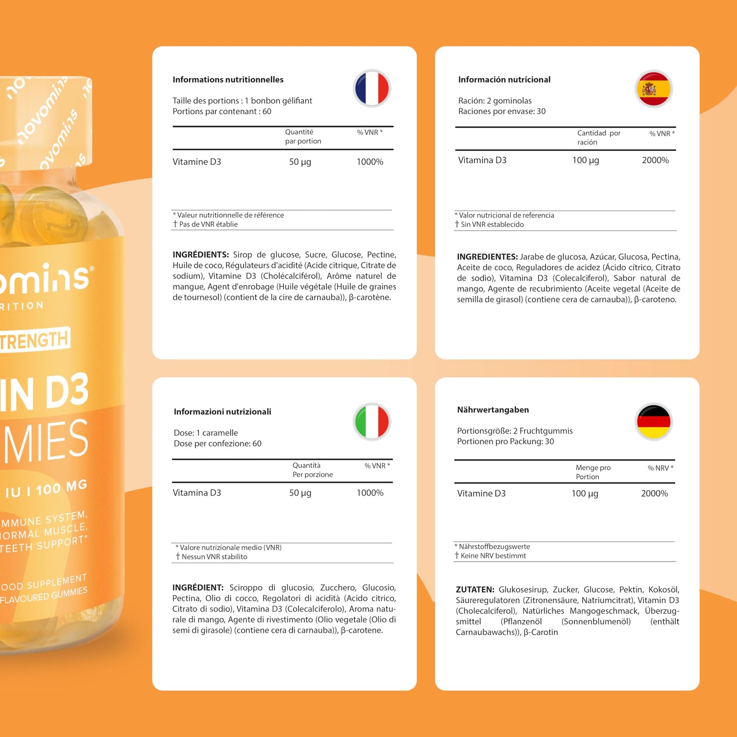 Vitamin D Gummies - 4000 IU Vitamin D3 - Vegetarian & Gluten Free - VIT D Gummies for Bones & Teeth - Alternative to Vitamin D Tablets & Spray - 60 Gummies - 1 Month Supply - Novomins