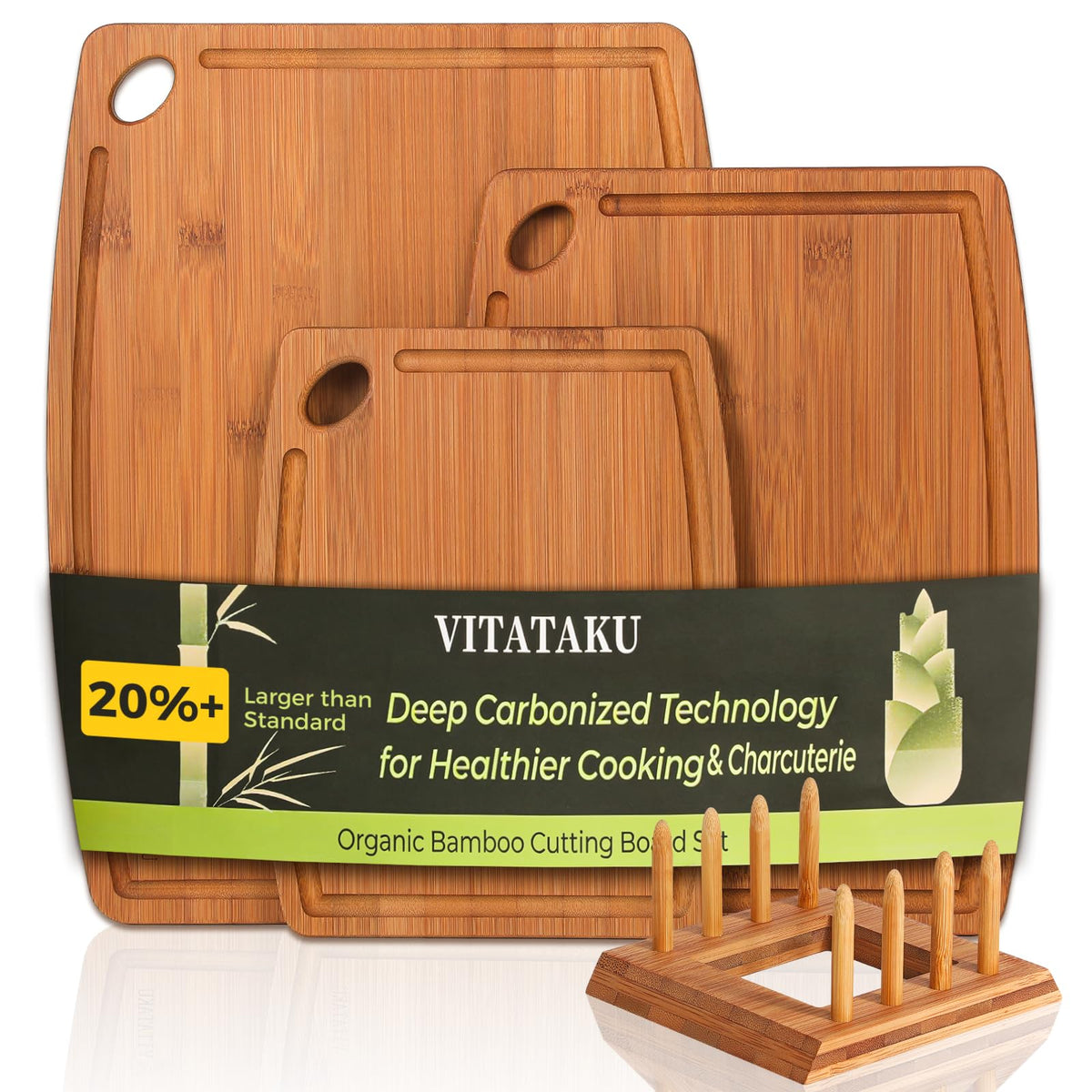 VITATAKU Bamboo Cutting Boards for Kitchen, 15.4" Deep Carbonized Wood Cutting Board with Storage Stand, 3 Piece Extra Thick Cutting Board Set with Deep Juice Grooves, Gift for Charcuterie Boards