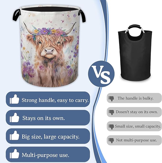 Highland Cow Laundry Basket, Foldable Oxford Cloth Flower Funny Laundry Hamper