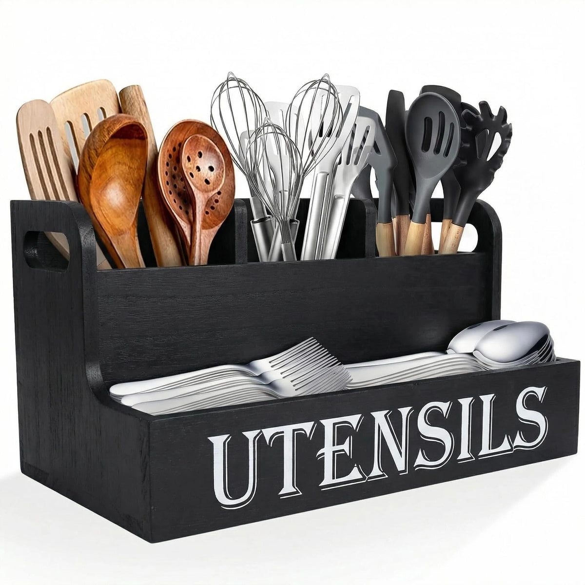 SHAXIXI Wooden Utensil Holder Kitchen, Country Style Cutlery Holder With Drainage Holes In The Bottom (Black)