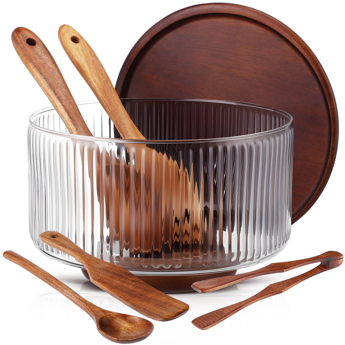 Singhoow Large Ribbed Glass Salad Bowl Set, Party Salad Bowl with Wood Base and Lid as Cheese Charcuterie Board and Plate, Comes with 5 Pieces of Elegant Wood Serving Utensils(9" X 5.9")