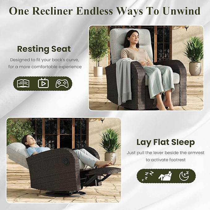 LayinSun Oversized Wicker Outdoor Swivel Glider Recliner with Adjustable Backrest & Footrest, Patio Reclining Lounge Chair