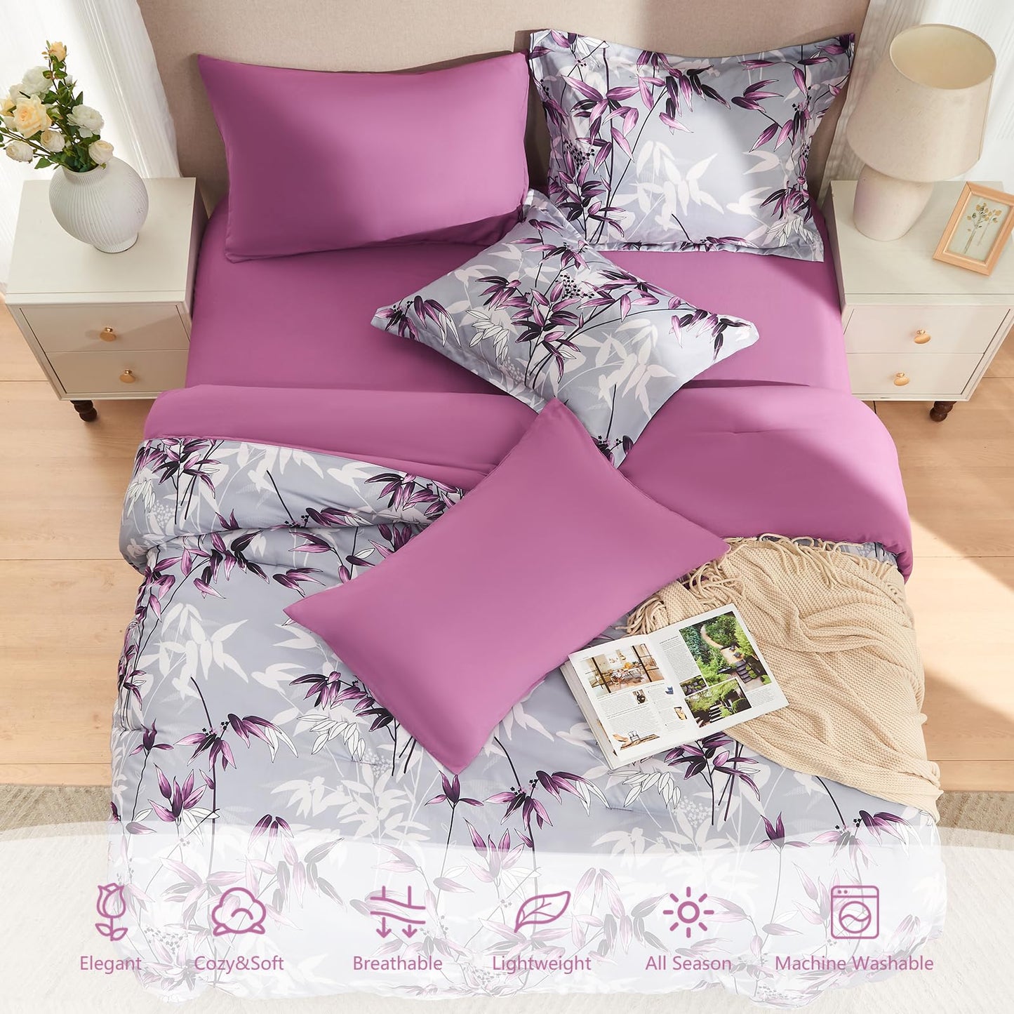 LXWORX Queen Comforter Set Purple - 7 Pieces Bed in a Bag Botanical Leaf Pattern Bedding Set, Soft Lightweight Bed Set with Comforter and Sheets for All Season (Purple,Queen)