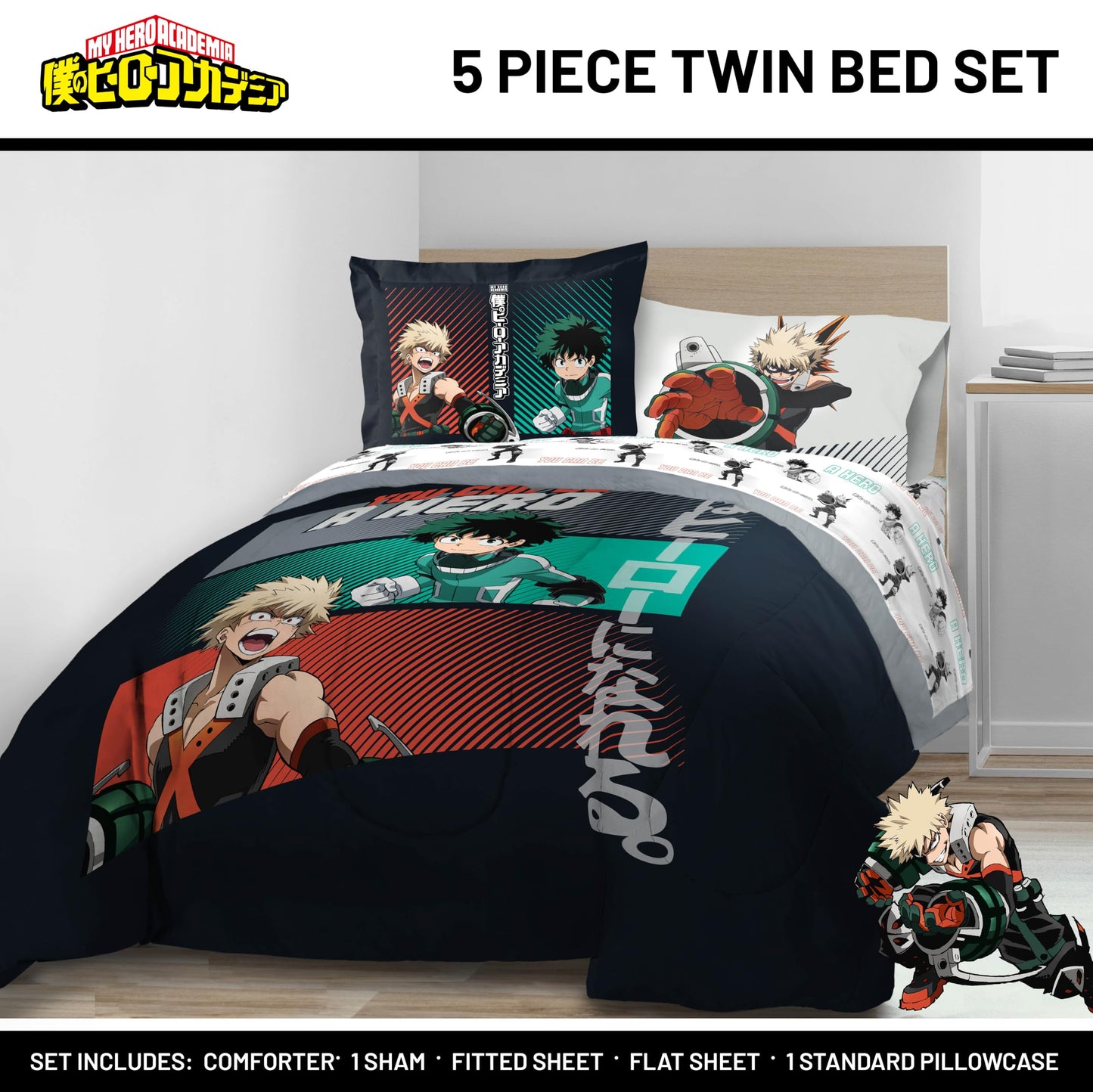 Jay Franco Kids Bed Set, Black, My Hero Academia, 5 Piece Twin