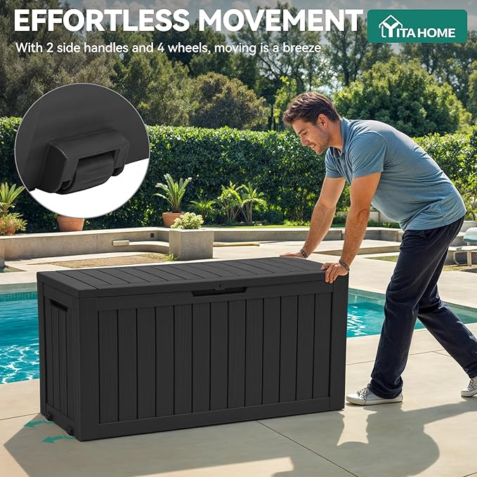 YITAHOME 72 Gallon Outdoor Resin Deck Box with Wheels, Pool Storage Box for Outdoor Cushions, Sports Equipment, Garden Tools, Black