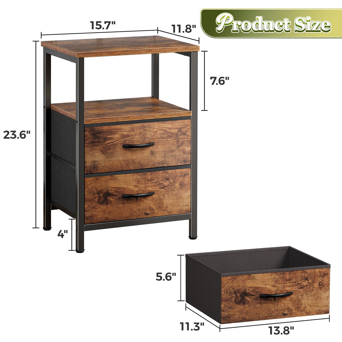 Huuger Night Stand Set 2, Nightstand with 2 Drawers, Bed Side Table with Open Shelf, Wooden Top, End Table, Fabric Drawer, for Bedroom, Rustic Brown