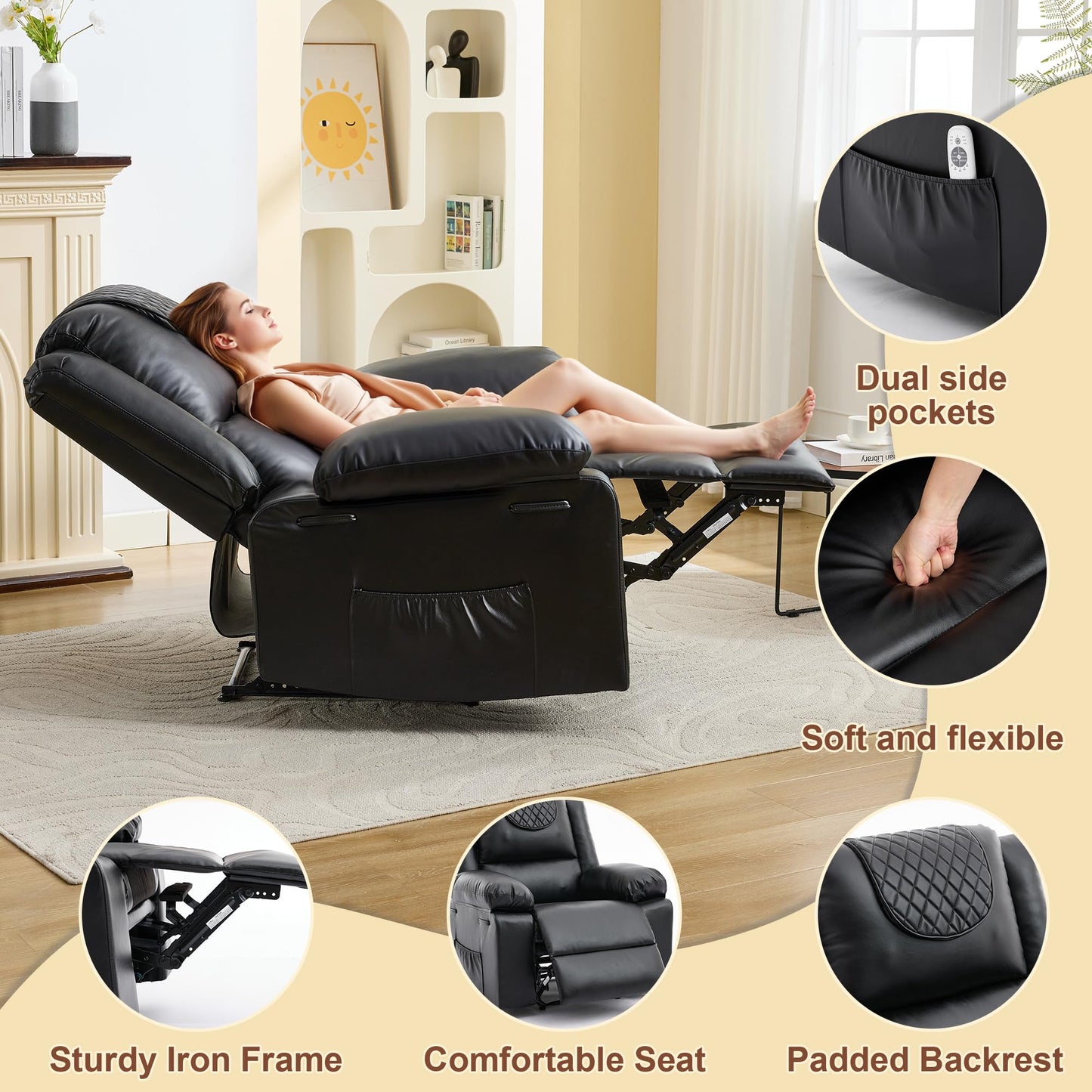 Adult Manual Recliner with Heating and Massage Functions (135° Front and Rear Adjustment) - Equipped with Side Storage Pockets and Remote Control, Suitable for Living Room and Bedroom(Black)