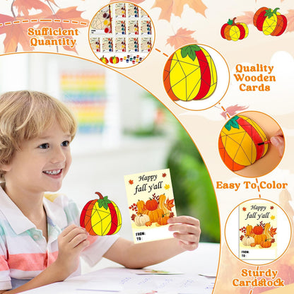24 Sets Thanksgiving Fall Pumpkin Party Favors Pumpkin Wooden Painting Craft Kits Autumn Party Decors Thank You for Coming Gifts for Kids Happy Fall Y’all Cards - Birthday Crafts Bulk Harvest Supplies