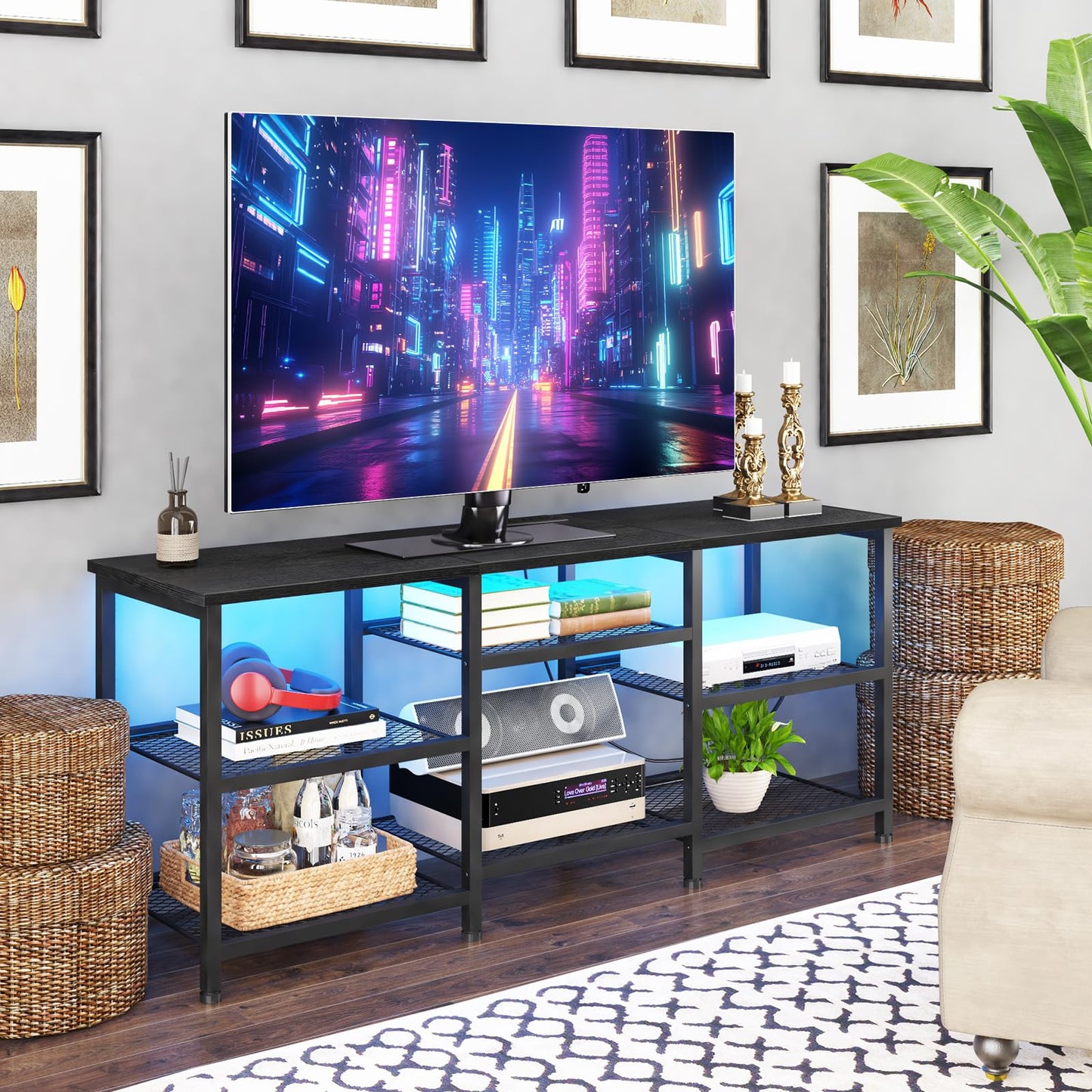 YGEOMER Entertainment Center for TVs Up to 50 Inch, Entertainment Stand with Power Outlet and LED Lights Open Storage Shelves, TV Console Table for Living Room and Bedroom, Black