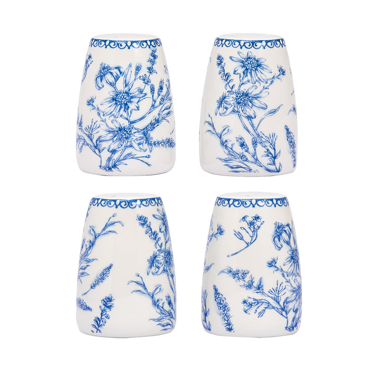 Bico Blue Garden Toile De Jouy Ceramic Salt & Pepper Shaker Set, for Kitchen or Decor, Dishwasher Safe