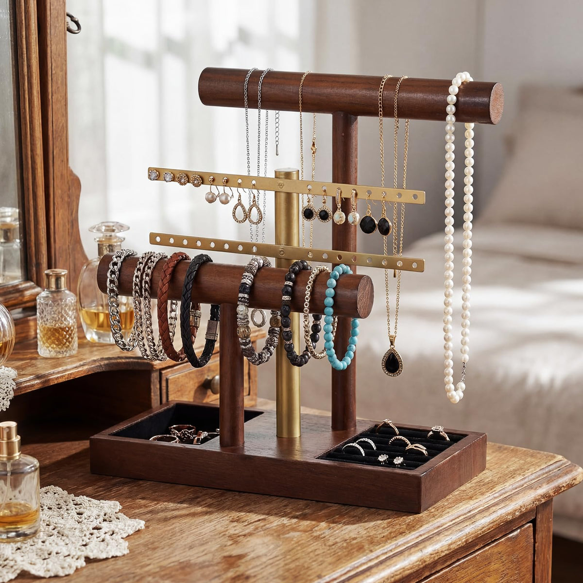 RattanView 3 Tier Bracelet Holder Display with Earring Holder Organizer T-bar Bangle Storage Rack Wooden Jewelry Organizer Stand Gifts for Bracelet Necklaces Earrings Rings Watches Storage Displays
