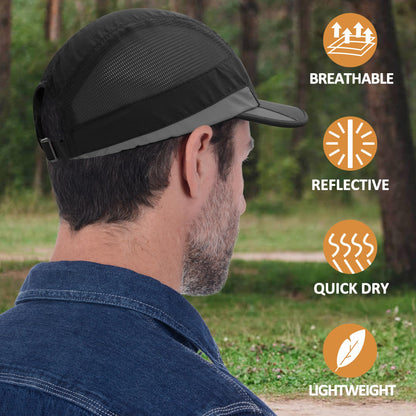 GADIEMKENSD Running Hat, Mens Outdoor Hat Unstructured Baseball Cap UPF 50 UV SPF Exercise Run Caps Reflective Breathable Light Sun Hats Quick Dry Mesh Summer Sports Hat Cap Men Woman Under 10 Black