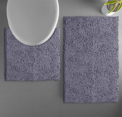 LuxUrux Bath Mat Set, Luxury Chenille (2-Piece) Soft Plush Anti-Slip Rug + Toilet Mat.1'' Microfiber Shaggy Carpet, Super Absorbent (Dark Grey, 80 x 50 cm + U Shaped 50 x 50 cm)