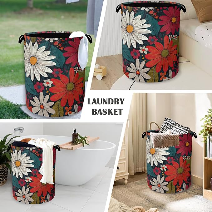 Retro Red Daisy Flowers Laundry Hamper, Dirty Clothes Laundry Basket