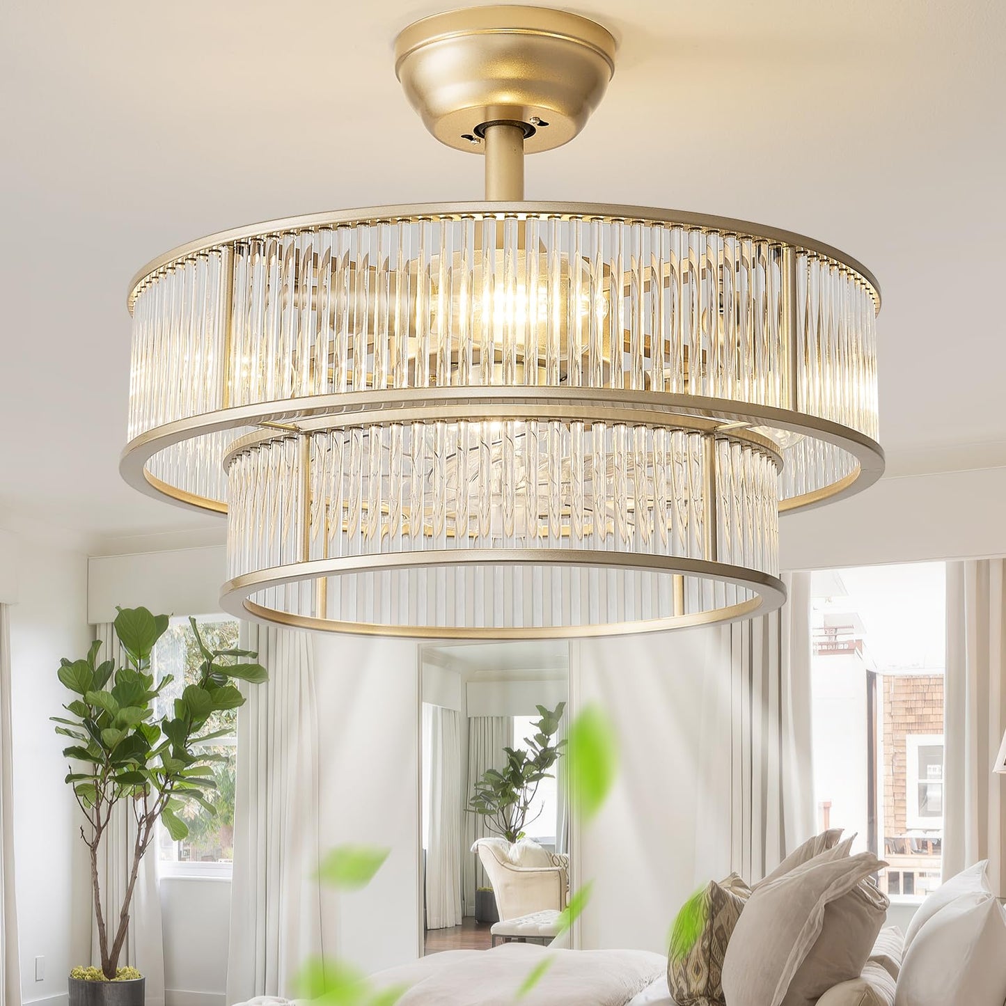 YADZSLY Gold Fandelier Ceiling Fans with Lights, 20" Gold Crystal Chandelier Ceiling Fan with Light Remote Control, Caged Mid Century with 6 Speeds for Bedroom, Living Room, Nursery
