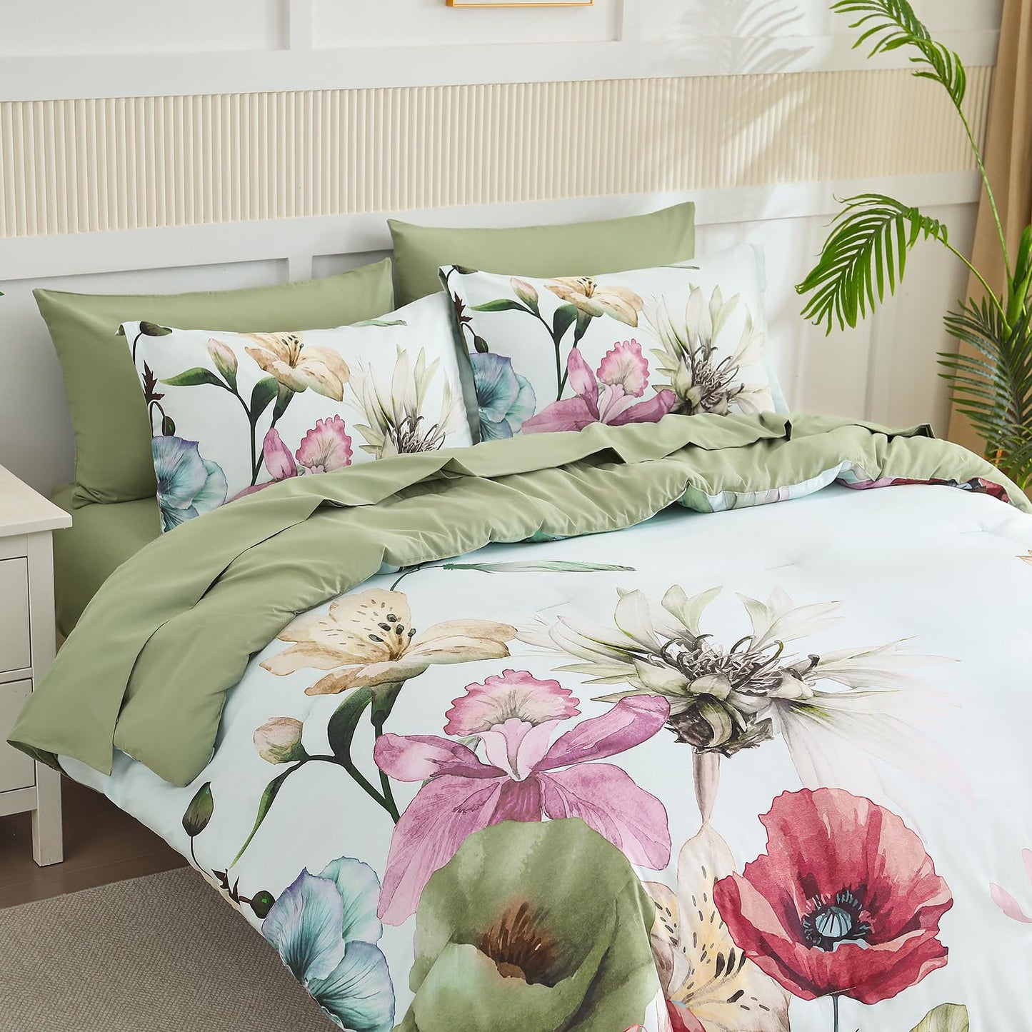 Yogeneg Queen Comforter Set 7 Piece Bed in a Bag,Elegant Floral Botanical Pattern Green Bedding Set,Soft Microfiber Comforter with Sheet Set,All Season Bed Set(Green Floral,Queen)
