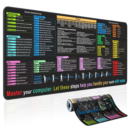Waterproof Desk mat—Excel Cheat Sheet Desk pad—Contains 12 Types of Common Skills in Excel and Word—Large XL Gaming Mouse pad|Office Keyboard pad|Computer mat with excel Shortcuts