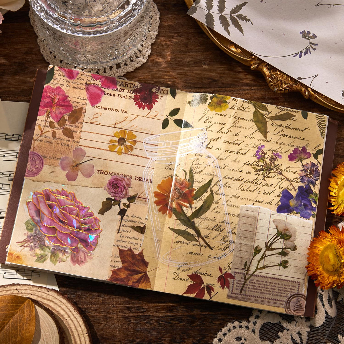 emmoolife Pressed Flower Stickers Set (380 PCS) Dried Flowers Themed Resin Sticker Decals Floral Botanical Journaling Stickers for Scrapbook Supplies Bullet Junk Journal Bottles Planner Laptops