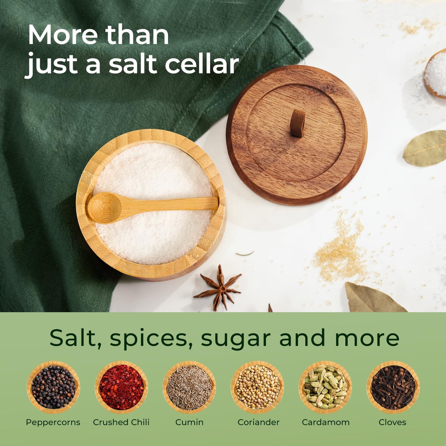 keechee Bamboo Salt Cellar with Acacia Lid & Spoon, 7.7oz Capacity with Built-In Spoon Slot & Labels, Two-Tone Countertop Seasoning Container (Single Compartment - 1 Pack)