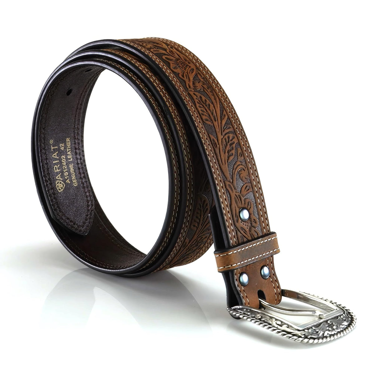 ARIAT Men's Floral Stamped Leather Belt, Brown, 32