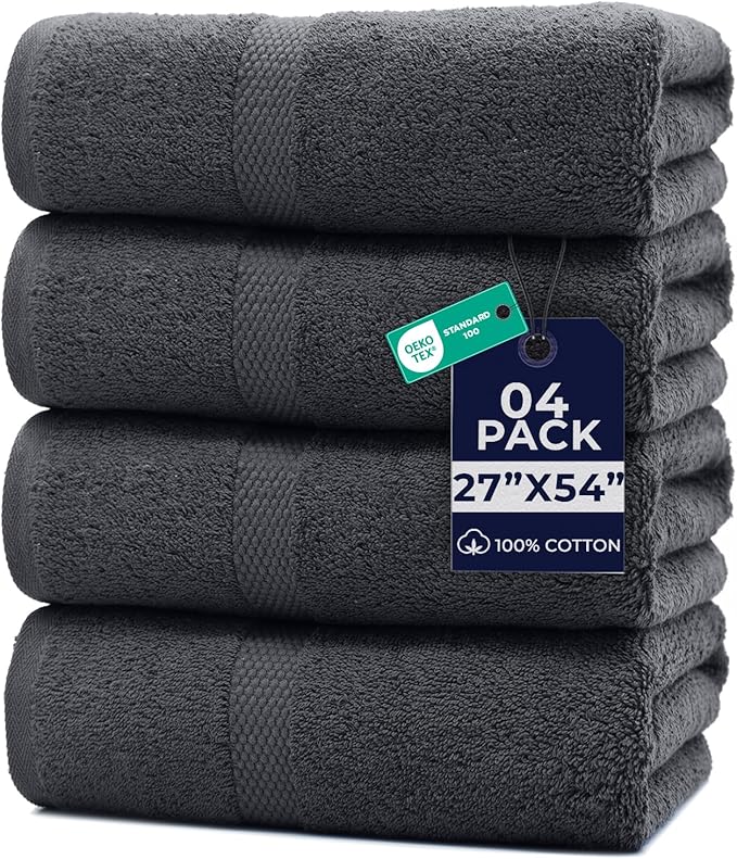 DAN RIVER Bath Towels Set of 4, 27 x 54 Inches, 100% Cotton, Larger & Lighter