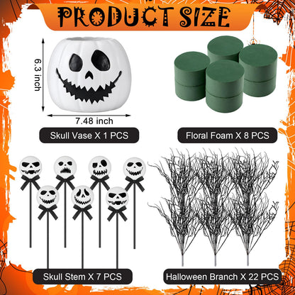 Wiwiqing Halloween Table Centerpieces Decor Resin Pumpkin Vase with Artificial Ghost Skull Face Balls Branch Flower Soil, Retro DIY Spooky Pumpkin Vase for Home Kitchen Indoor Decoration(Scary Face)