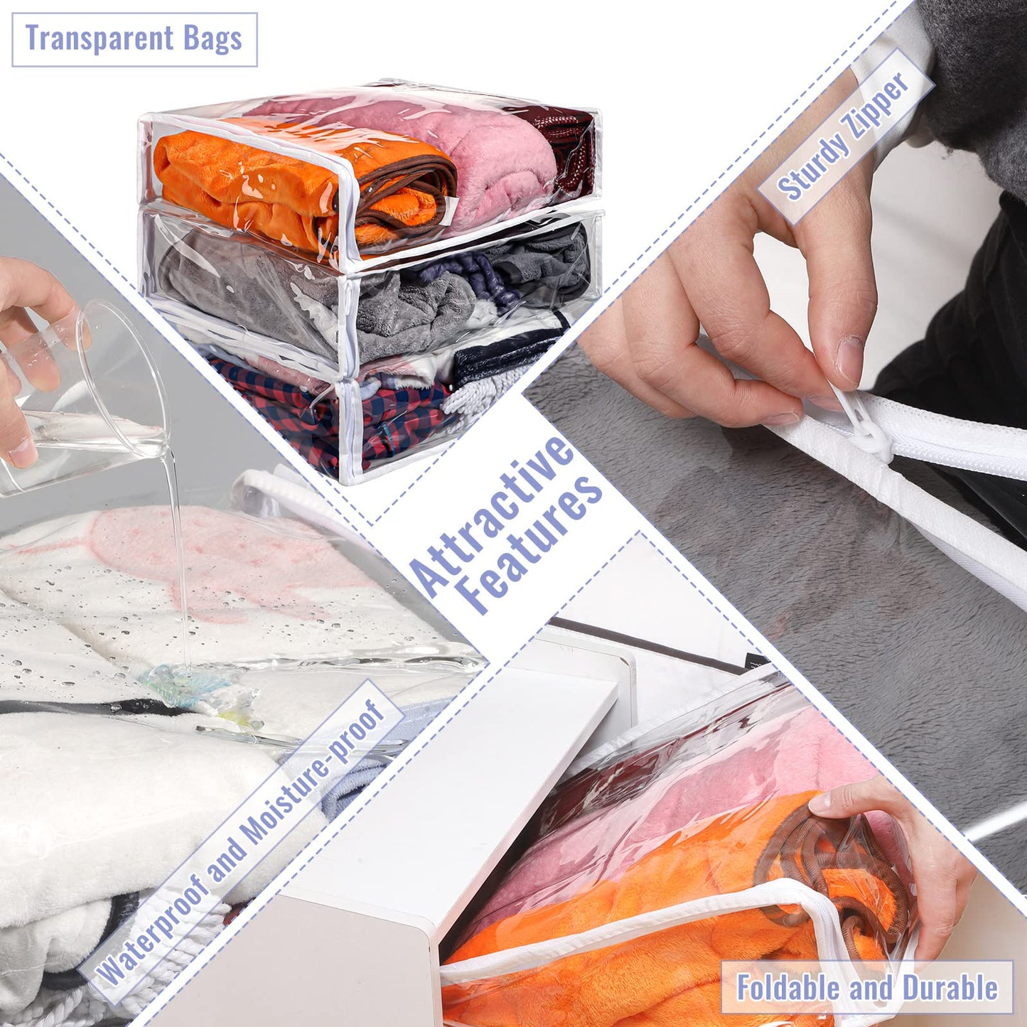 6 Packs Clear Zippered Storage Bags Sweater Moth Bags Vinyl Plastic Storage for Blankets Clothes Bed Sheet Organizer with Zipper for Closet Linen Sweater Clothes Comforters Pillow(16 x 14 x 4 Inch)
