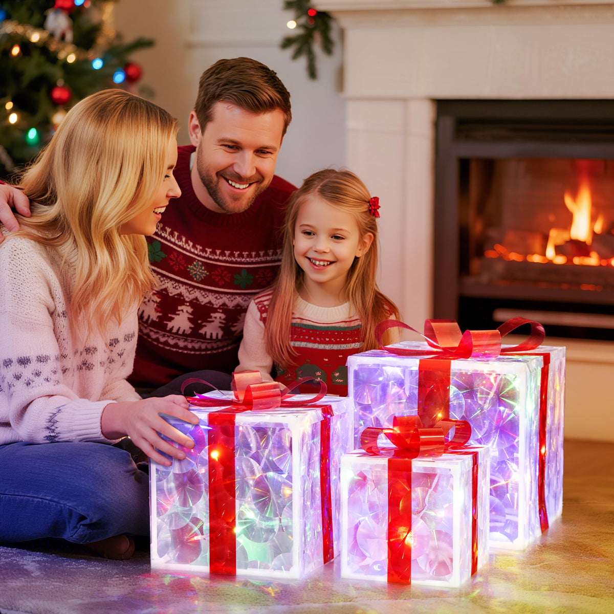 Set of 3 Christmas Lighted Gift Boxes with 50 LEDs,Outdoor Christmas Decorations,8 Modes RGBW Lights,Battery Operated Light Up Present Boxes for Christmas Trees Indoor Outdoor Home Yard Lawn Decor