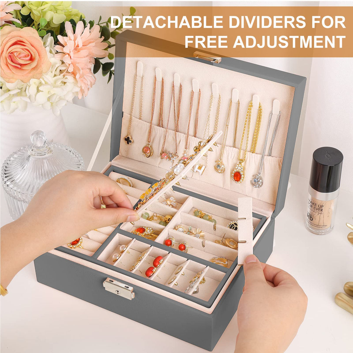 Jewelry Box for Women Girls 2 Layer Leather Travel Jewelry Organizer Storage Case with Lock and Removable Tray for Necklace Earrings Rings Bracelets Gift, Come with Polishing Cloth and Jewelry Bags