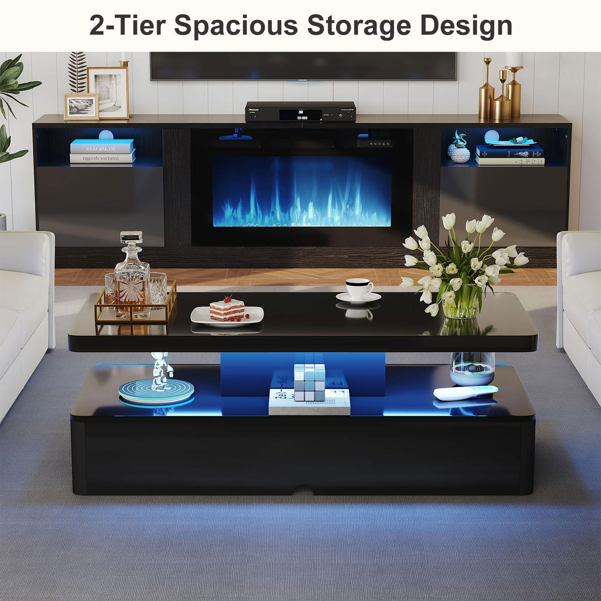 MXV Modern Coffee Table, 40 Inches Coffee Tables with 16 Colors LED Lights, 2 Tier Rectangular Center Table, Large Storage Space, High Glossy Wooden Tea Table for Living Room, Bedroom, Office, Black