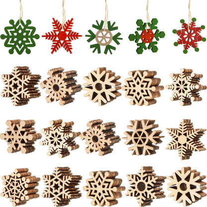 100 Pcs Christmas Unfinished Wooden Snowflake Ornaments Snowflake Hanging Cutouts Blank Wood Slices with Cord Craft Embellishments for Xmas Tree Decorations
