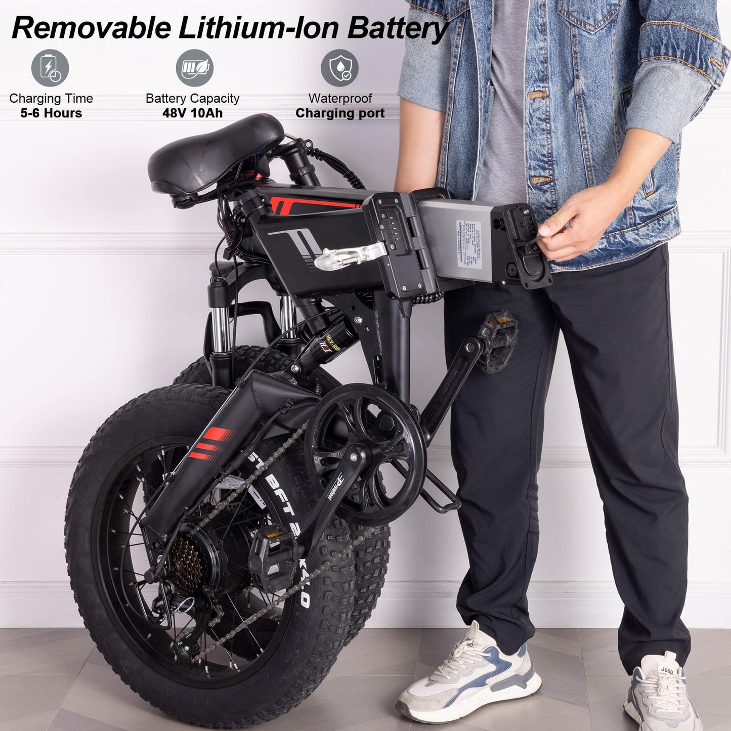 Wooken Electric Bike for Adults, 20''x4.0 Fat Tire Ebike for Adults, Peak 750W Motor Folding Electric Bicycle with 48V 10Ah Battery, 7 Speed, Full Fuspension, 20MPH Ebike for Mountain Beach Snow