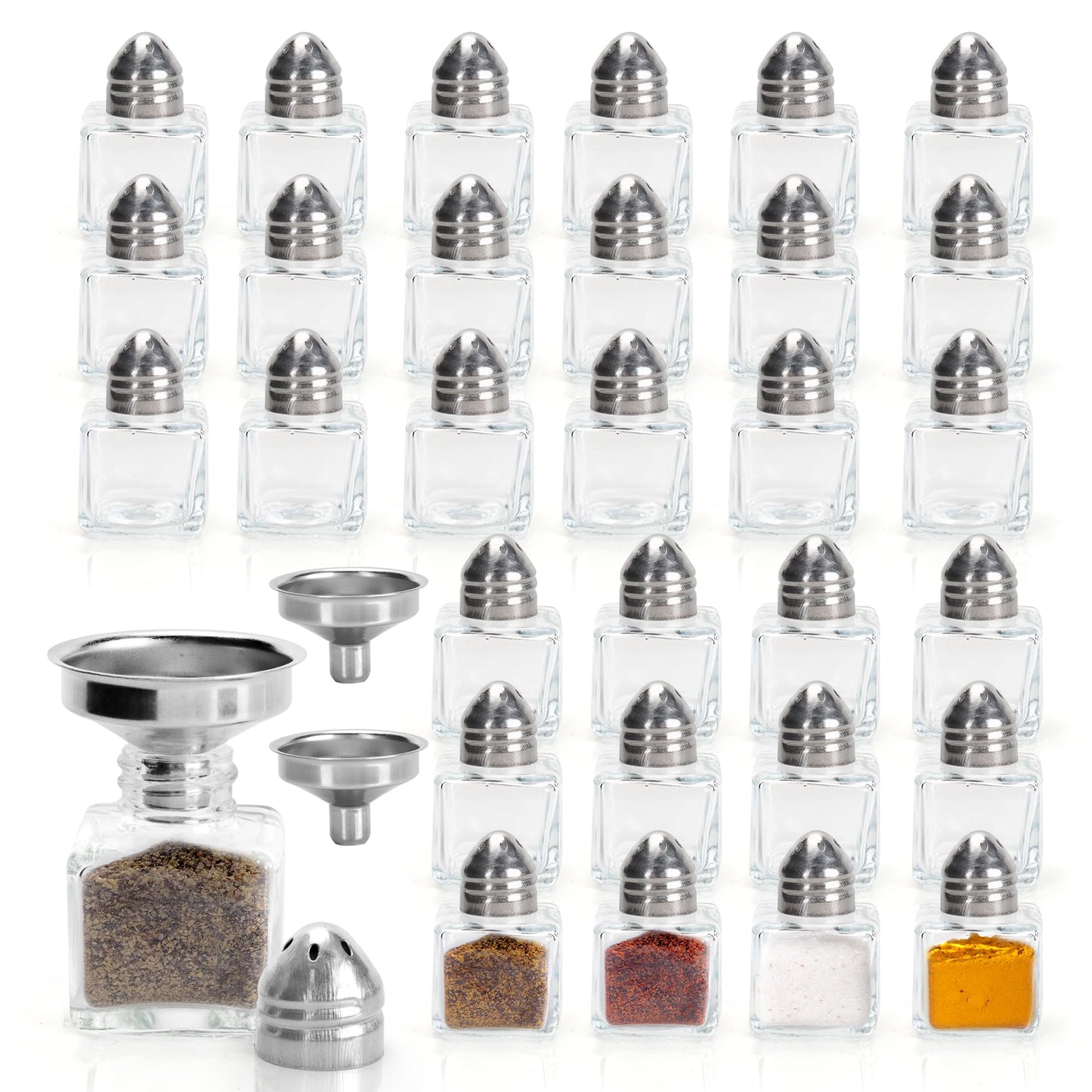 Axigundaone 30 Pcs Mini Salt and Pepper Shakers, 0.5 Oz Small Glass Cube Pepper Shaker with two funnels, Mini Glass Salt Shaker for Household Kitchen