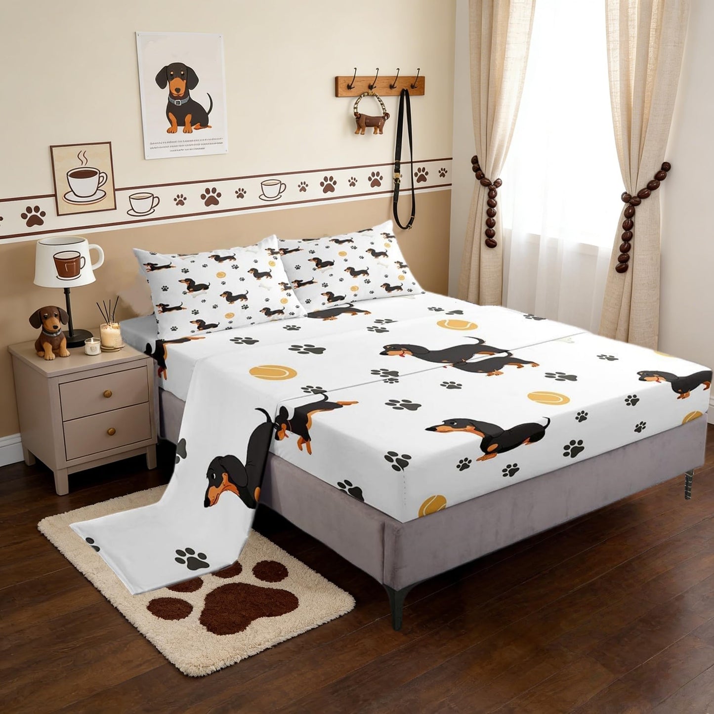 Castle Fairy Cute Dachshund Dog Fitted Sheet King Size,Ball Bones Paw Print Bed Sheet Set Bedroom Decor,House Pet Animal Themed Polyester Bedding Set(1 Fitted,1 Flat,2 Pillowcases)