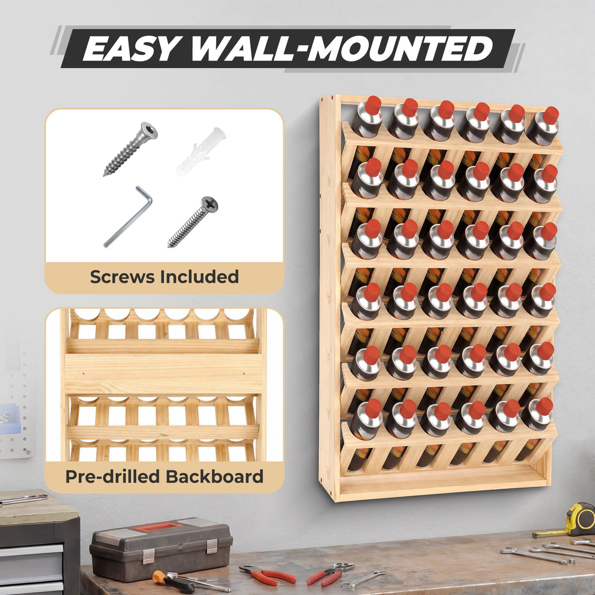 Sidasu 36 Can Spray Paint Can Holder, Wooden Spray Paint Storage Rack, Wall Mount Spray Can Organizer for Spray And Lube,6 Tier Paint Can Organizer for Garage/Workshop/Home
