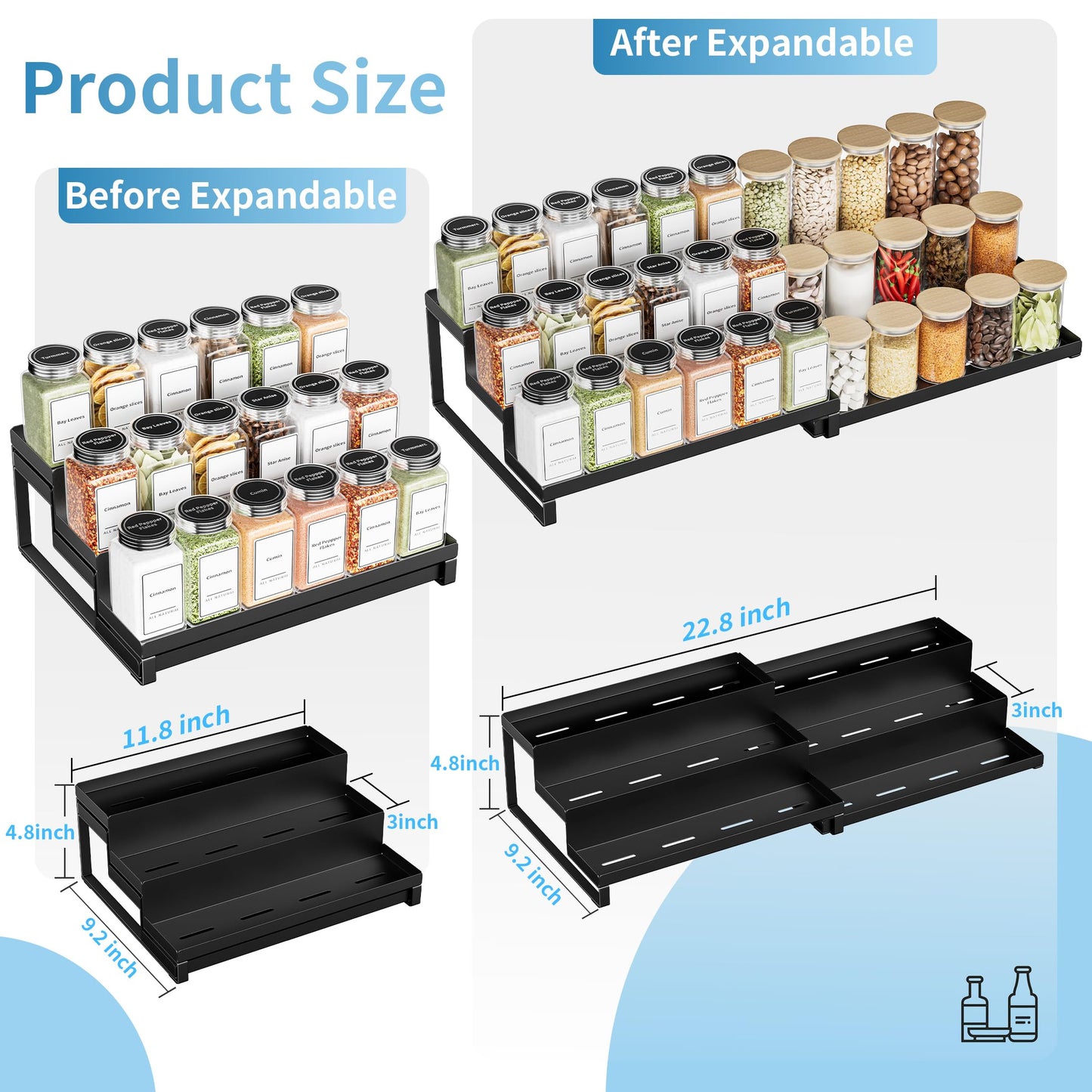 BOIVSHI Spice Rack Organizer for Cabinet, Expandable 3 - Tiered Spice Rack, Metal Spice Organizer, Spice Shelf Organizer for Cabinet, Countertop, Pantry, Cupboard, Black