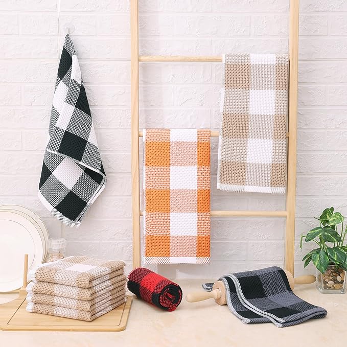 Homaxy 100% Cotton Waffle Weave Check Plaid Kitchen Towels, 13 x 28 Inches