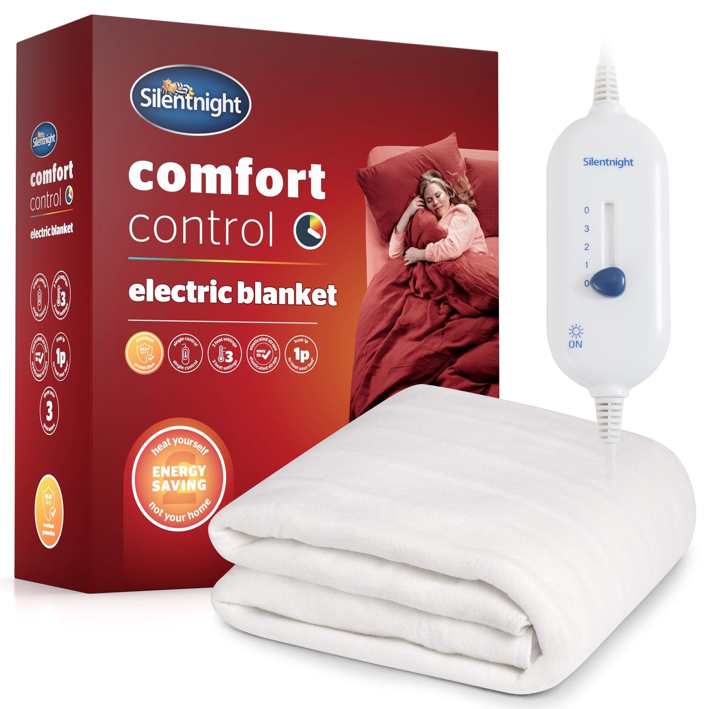 Silentnight Comfort Control Electric Blanket Double - Heated Electric Underblanket with 3 Heat Settings, Fast Heat Up, Overheat Protection and Easy Fit Straps - Machine Washable - Double 135x120cm