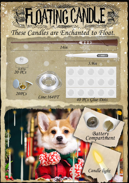 Christmas Decorations, 20 PCs Floating Candles with Wand Magic Hanging Candles, Flickering Warm Light Flameless Floating LED Candle with Wand Remote, Battery Operated Taper Candle Set for Theme Party