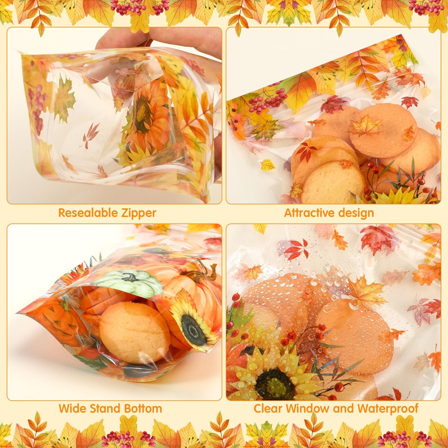 Capoda 100 Pcs Thanksgiving Gift Bags Resealable Clear Fall Treat Bags Maple Leaf Treat Plastic Pouches Pumpkin Favor Pouch for Autumn Harvest Party Candy Small Gift Wrapping Supplies Decoration