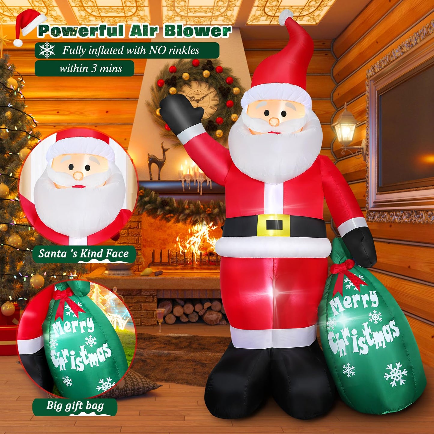 7FT Christmas Inflatable Santa Claus with Gift Bag, Blow up Giant Santa Claus Indoor Decoration, Built-in LED Lights for Lawn Patio Garden Home Display Hall Xmas Holiday Vacation Party Outdoor Decor