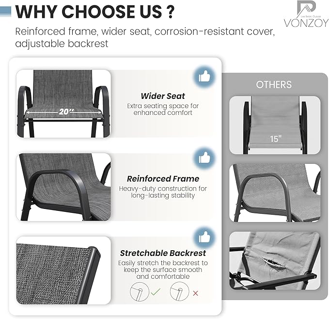 Patio Dining Chairs Set of 4, Stackable Dining Chairs High Back, Breathable Seat Fabric and Alloy Steel Frame Fit Backyard, Porch, Lawn，Poolside (Dark Grey)
