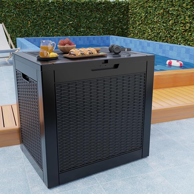37 Gallon Outdoor Deck Box, Lockable Waterproof Outdoor Storage Boxes For Garden Tools,Indoor Cushions,Accessories Outside Storage Resin Weatherproof Container(Black)